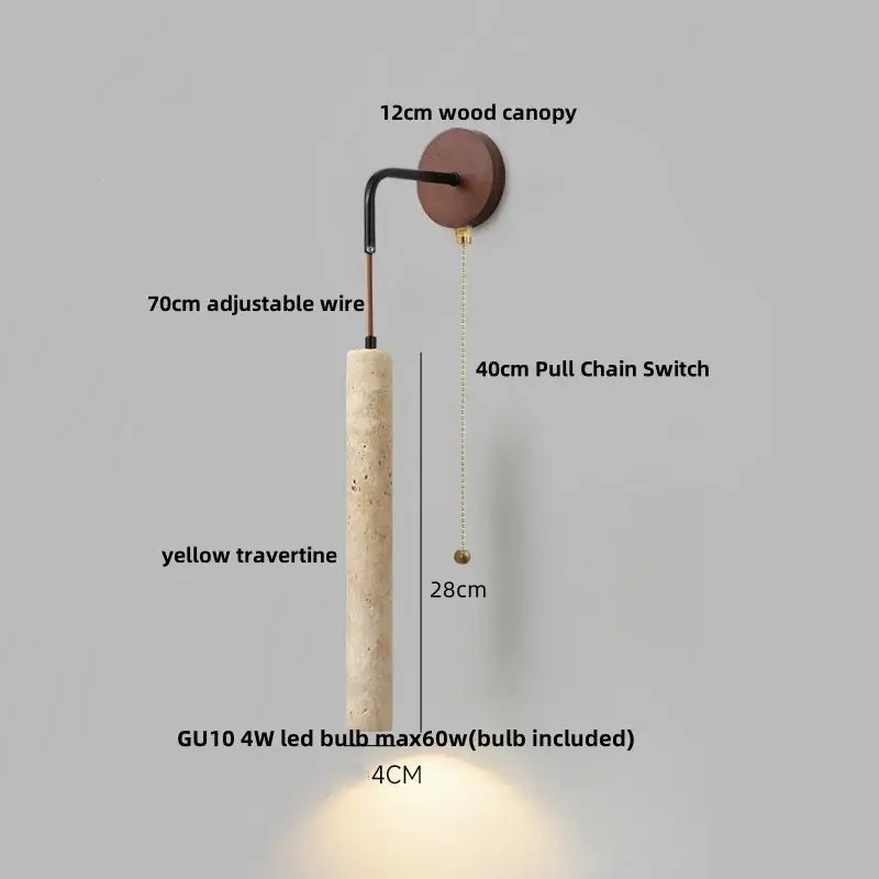 Modern wood and travertine led wall lamp with a yellow cylindrical travertine shade and adjustable wire arm for bedroom use