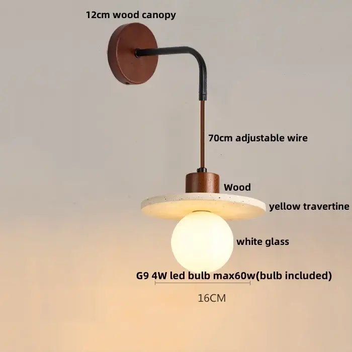 Modern wood and travertine led wall lamp with a 12cm wooden canopy and yellow travertine disc for bedroom sconce