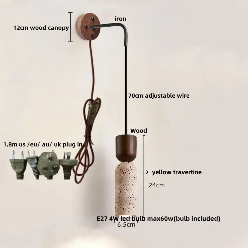 Modern wood and travertine led wall lamp with yellow travertine body, wooden canopy, and adjustable black wire for bedroom use