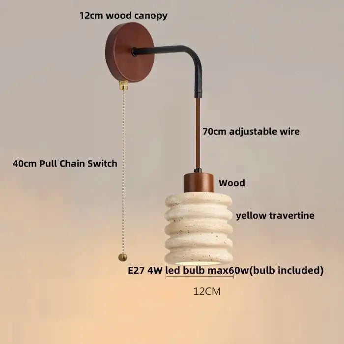 Modern wood and travertine led wall lamp with a 12cm wood canopy, adjustable black wire arm, and yellow shade