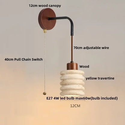 Modern wood and travertine led wall lamp with a 12cm wood canopy, adjustable black wire arm, and yellow shade
