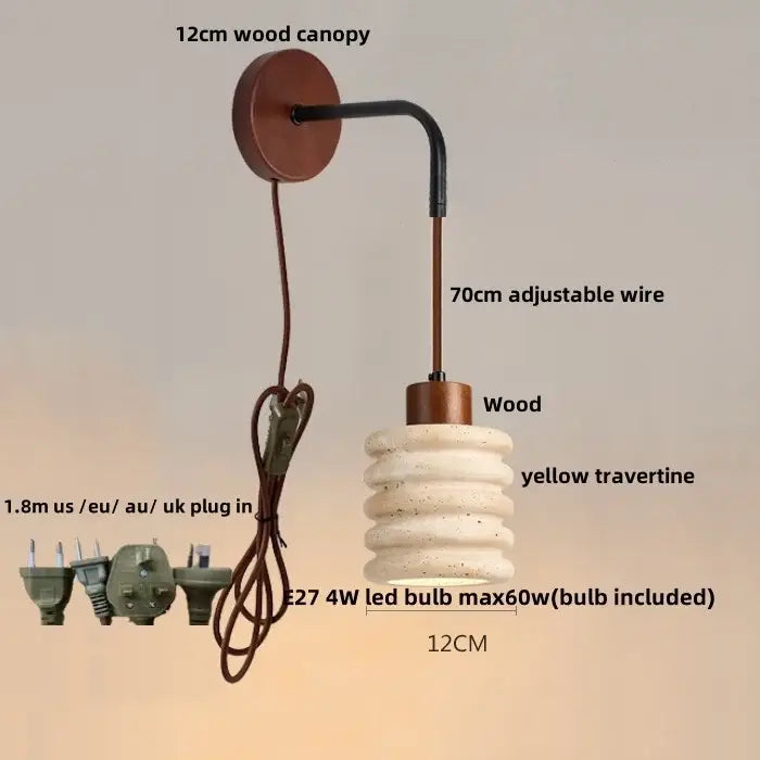 Modern wood and travertine led wall lamp with 12cm wood canopy and yellow travertine shade for bedroom use