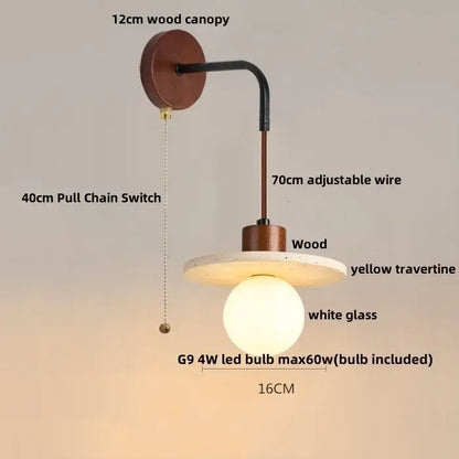 Modern wood and travertine led wall lamp with 12cm wood canopy yellow travertine shade and white glass bulb for bedroom