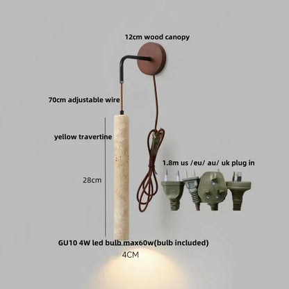 Modern wood and travertine led wall lamp with yellow cylindrical pendant light and rustic wooden canopy for bedroom sconce
