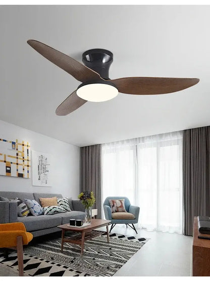 Modern ceiling fan with three dark wood blades and black housing featuring integrated light with 30w remote control
