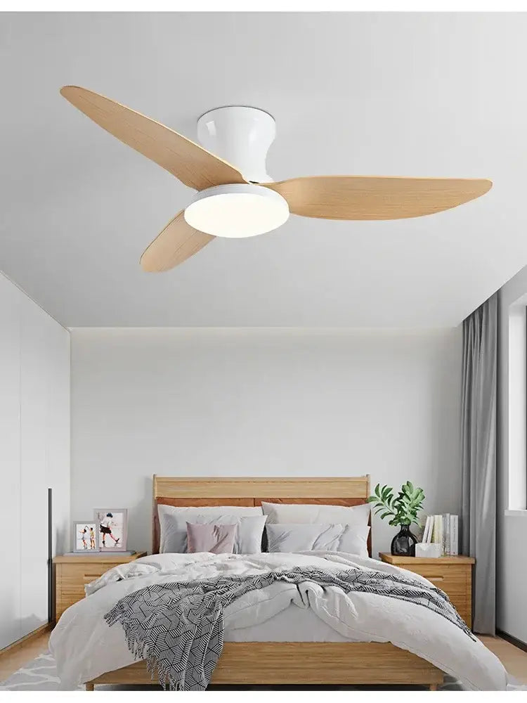 Modern wood and white ceiling fan with three light wood blades and 30w remote control integrated LED light