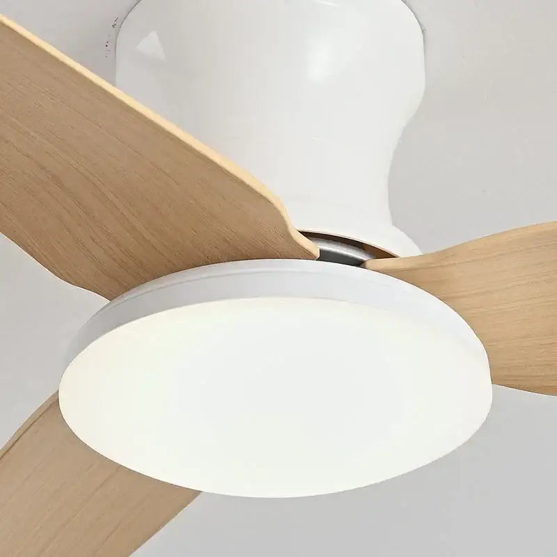 Modern wood and white ceiling fan with natural wood blades and 30w remote control bedroom light