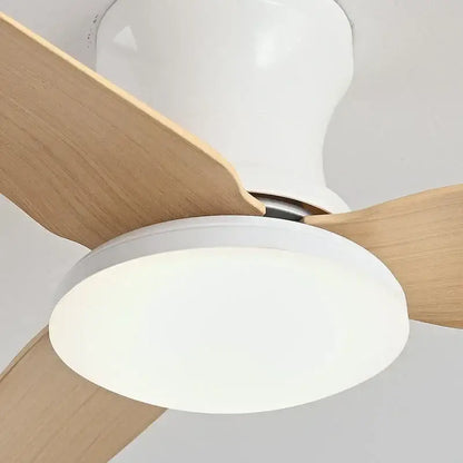 Modern wood and white ceiling fan with natural wood blades and 30w remote control bedroom light