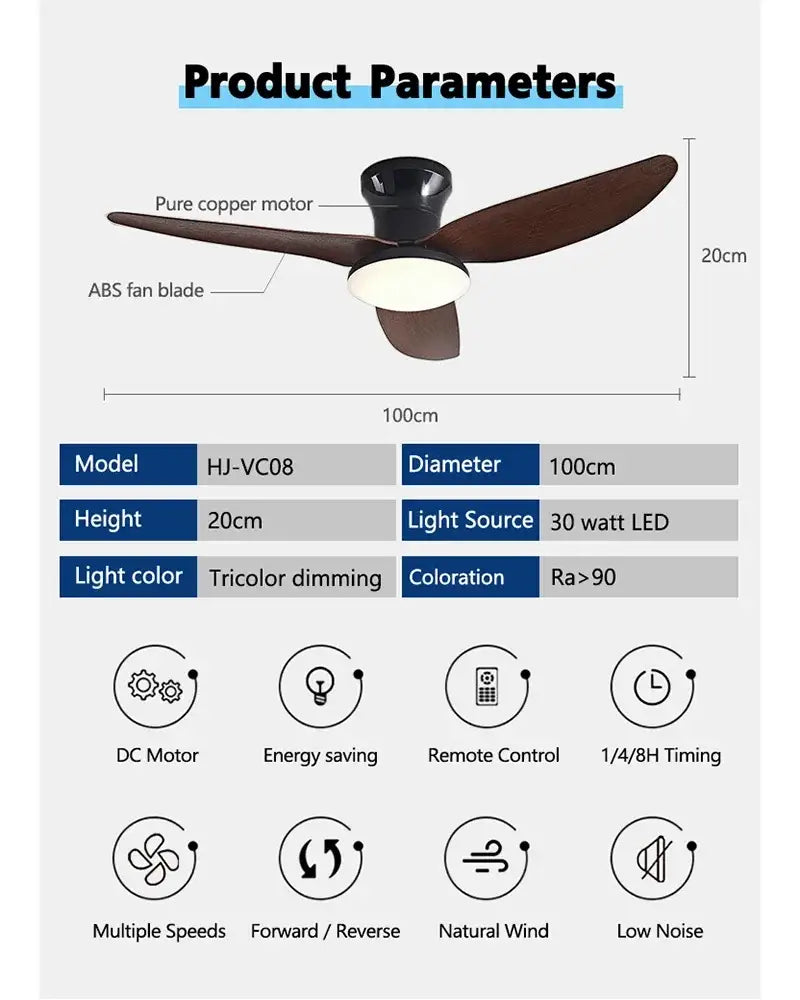 Modern wood and white ceiling fan with dark brown abs blades black pure copper motor and integrated led light remote control 30w remote control