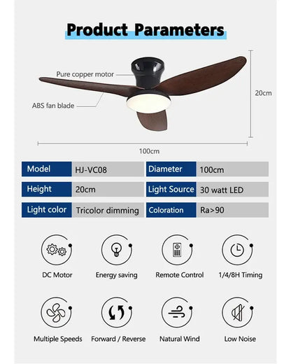Modern wood and white ceiling fan with dark brown abs blades black pure copper motor and integrated led light remote control 30w remote control