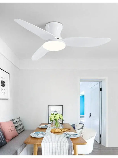 Modern wood and white ceiling fan with sleek blades and integrated 30w remote control lighting for bedroom use