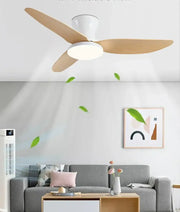 Modern wood and white ceiling fan with three wooden blades and 30w remote control integrated LED light for bedroom use