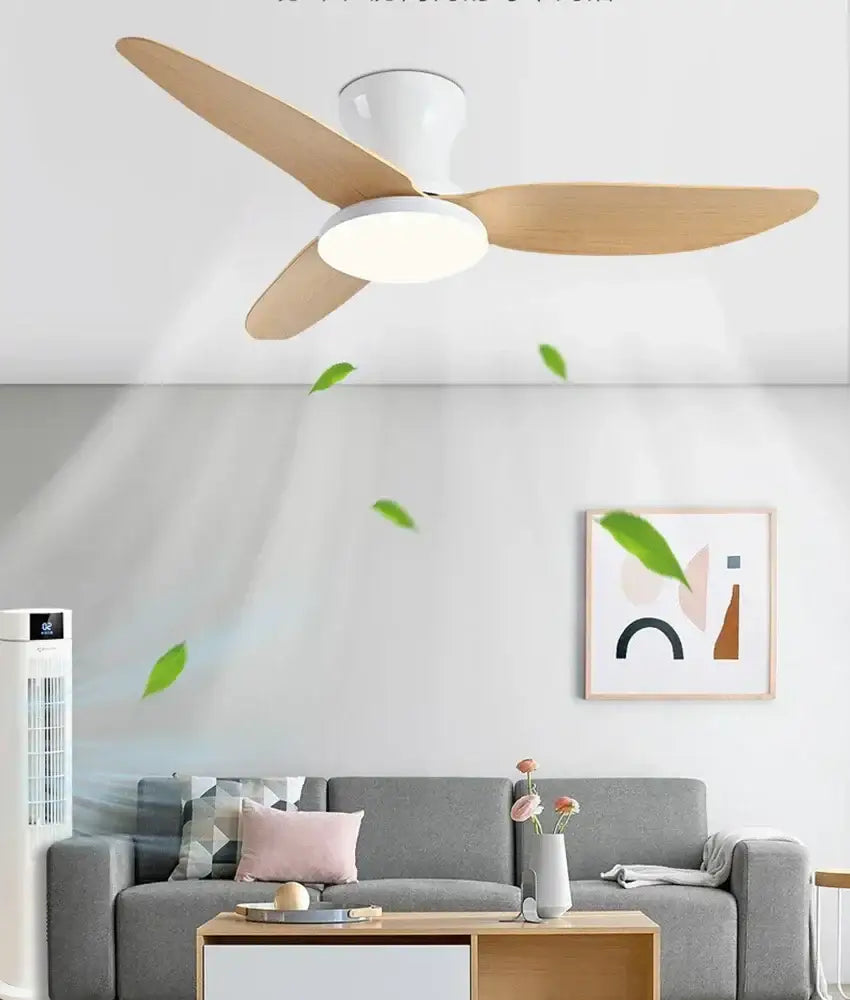 Modern wood and white ceiling fan with three wooden blades and 30w remote control integrated LED light for bedroom use