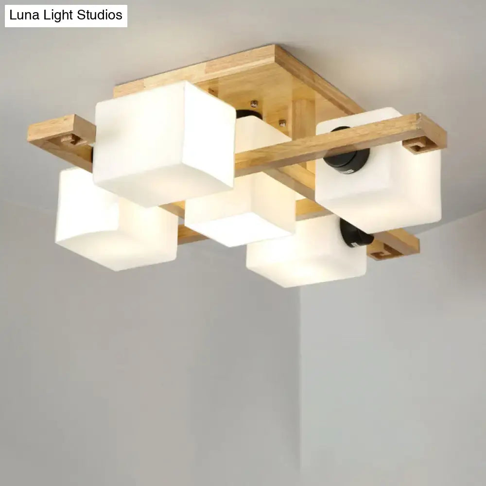 Modern decorbites™ flush mount chandelier with white glass cubes and wood canopy for living room lighting