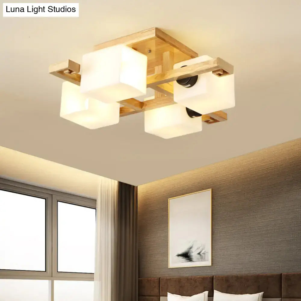 Modern square-shaped DecorBites™ flush mount chandelier with white glass shades and wood canopy for living room lighting