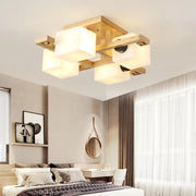 Decorbites nordic style flush mount chandelier with white glass panels and wood canopy for living room lighting