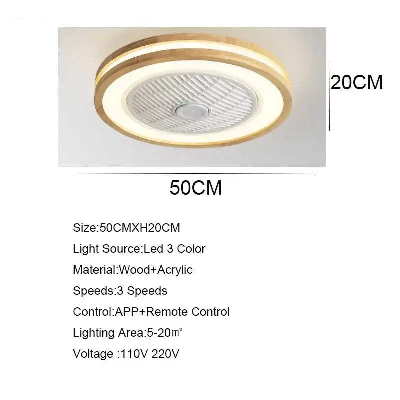 Modern wood and white led ceiling fan with remote control featuring a circular light wood frame and integrated led light