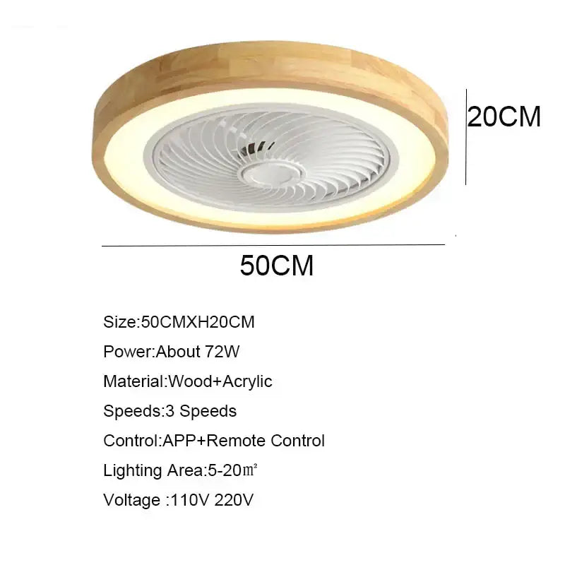 Modern wood and white led ceiling fan with remote control featuring a circular design and integrated ceiling fan light