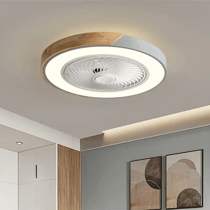 Modern wood and white ceiling fan with integrated led light and remote control for bedroom use with plastic finish