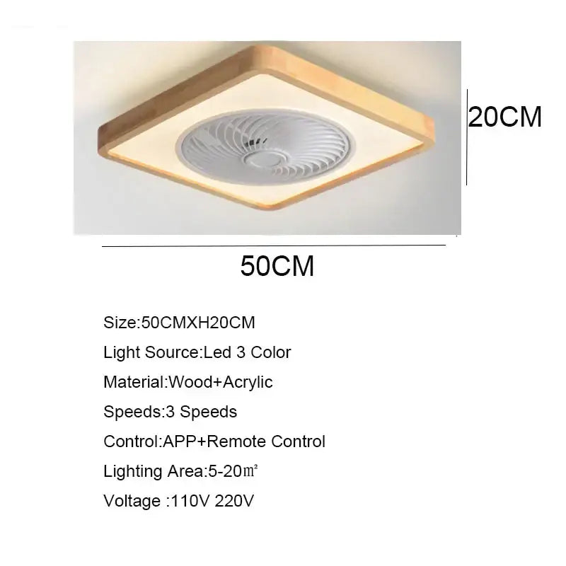Modern wood and white ceiling fan with square wooden frame, integrated led light, acrylic center, and remote control for bedroom