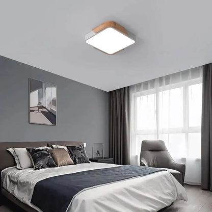 Modern wood and white led ceiling light with natural wood frame and white illuminated panel for bedroom decorbites ceiling light