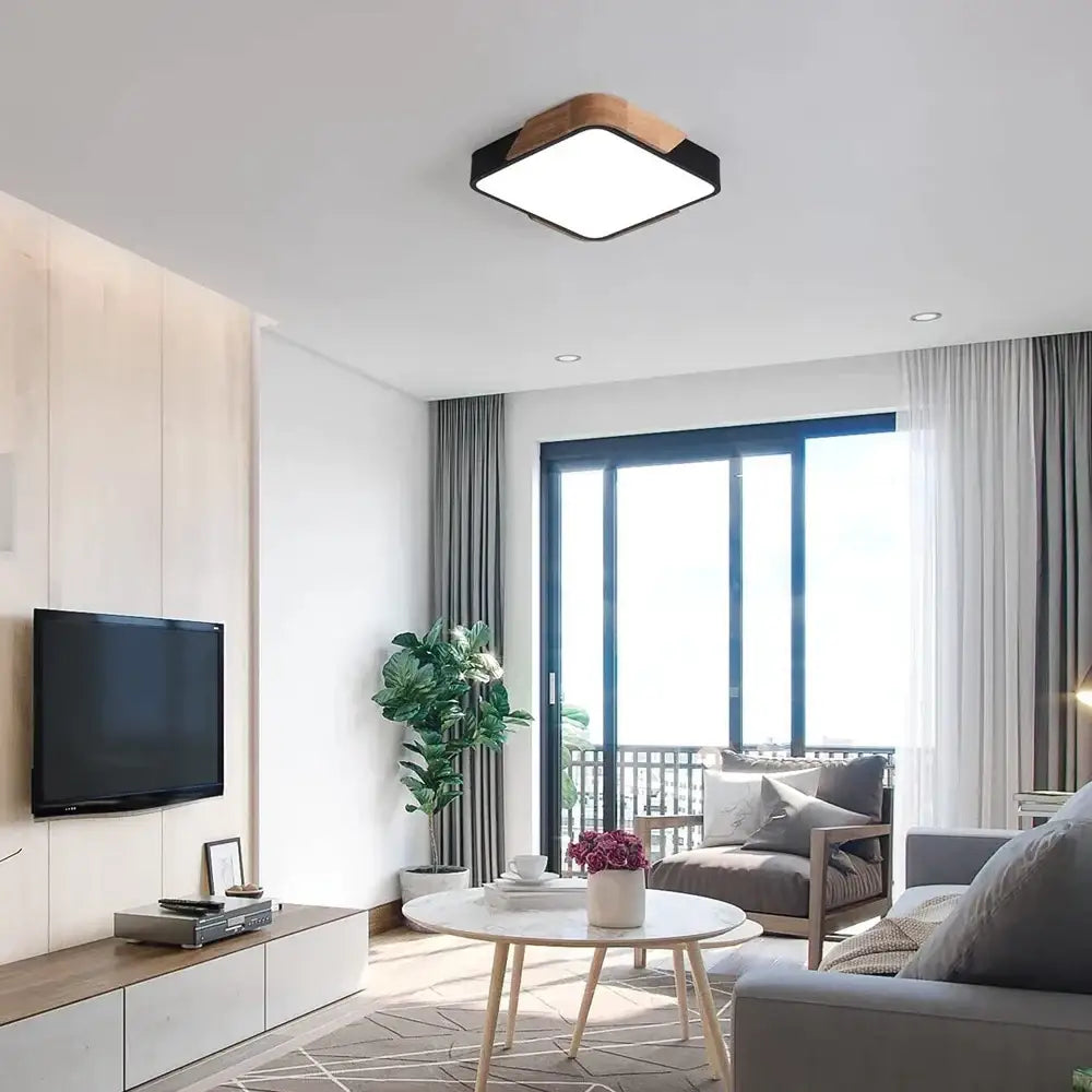 Modern square ceiling light with a black frame wooden top panel designed for bedroom decor with decorbites led ceiling light
