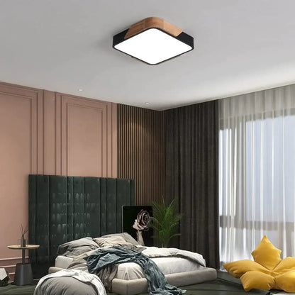 Modern wood and white led ceiling light with black frame and wooden accent panel for bedroom decorbites led ceiling decor