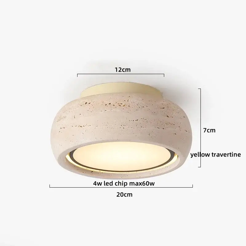 Modern wood base ceiling light with textured yellow travertine exterior and warm glow decorbites led ceiling fixture