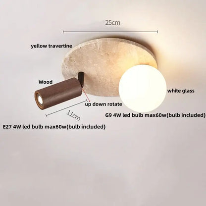 Modern wood base led ceiling light with beige stone travertine and white glass globe for bedroom decorbites ceiling light