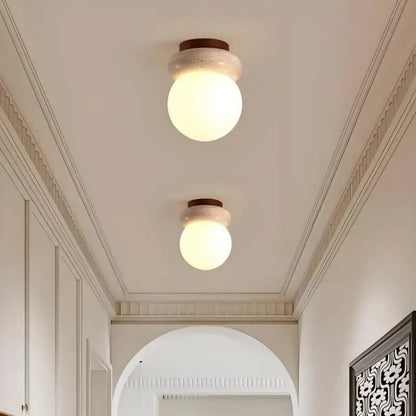 Modern wood base led ceiling light with two frosted globe lights beige stone base and dark wood trim by decorbites ceiling light