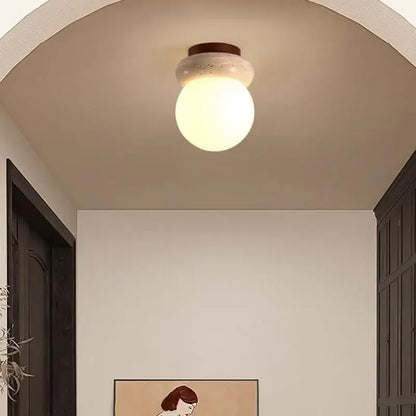Modern wood base led ceiling light with a warm spherical glass globe and matte brown metal base for bedroom decorbites ceiling light