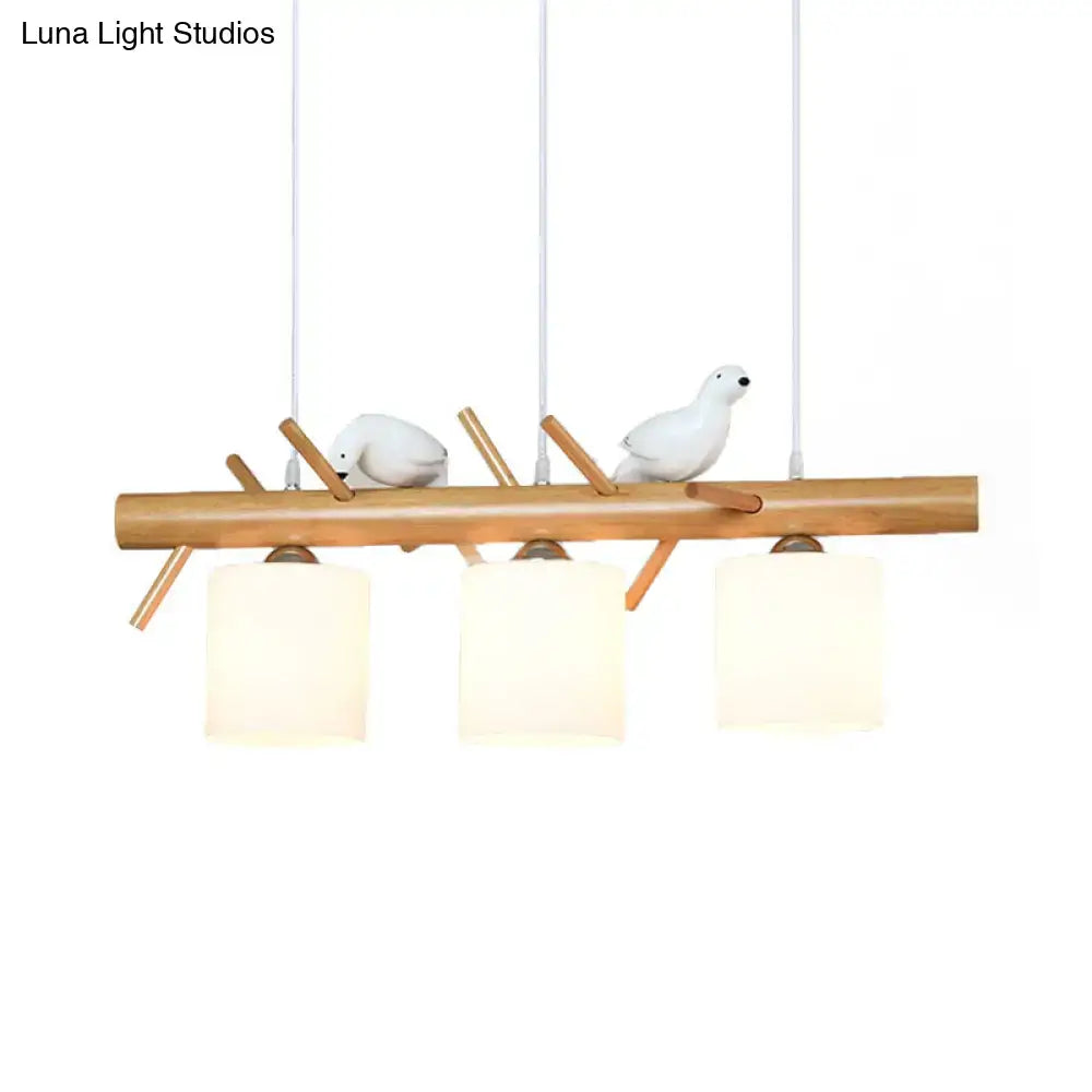 DecorBites wooden hanging chandelier with three frosted glass shades and ceramic bird décor for dining room 220v-240v led lighting