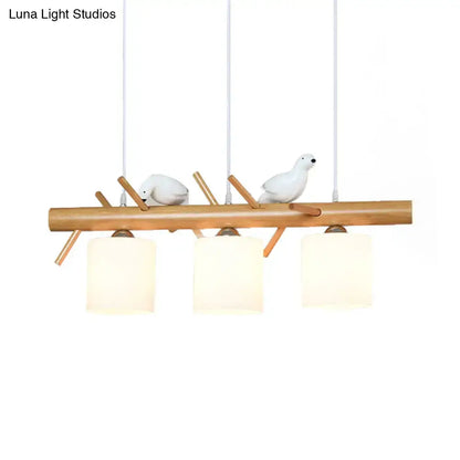 DecorBites wooden hanging chandelier with three frosted glass shades and ceramic bird décor for dining room 220v-240v led lighting