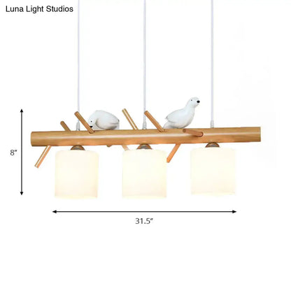 Wooden branch-style pendant light with three white ceramic bird figurines and frosted glass shades ideal for dining room 220v-240v led incandescent fluorescent