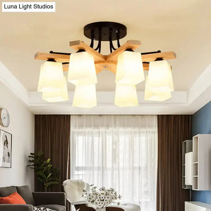 Modern wood and black semi flush mount living room light with six warm-toned milk glass shade frosted glass shades