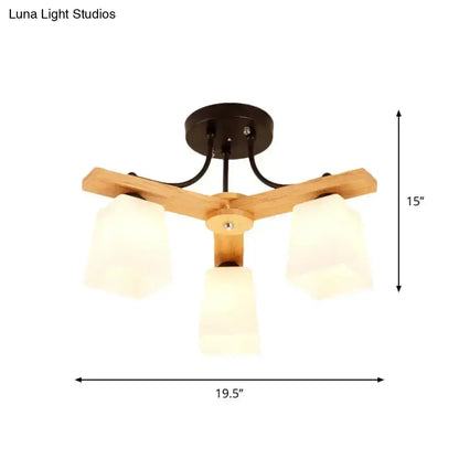Modern wood and black semi flush mount living room light with rustic wood base and frosted milk glass shade