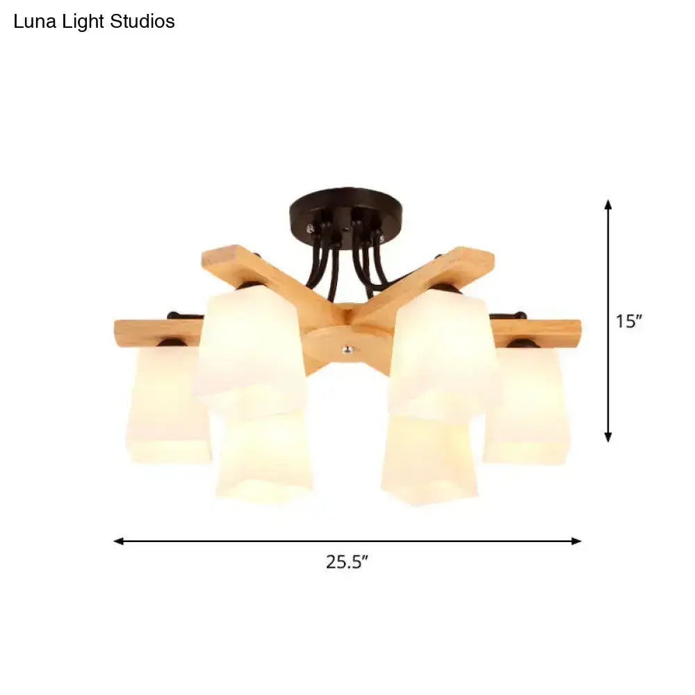 Modern wood and black semi flush mount chandelier with five milk glass shades and frosted glass in living room light