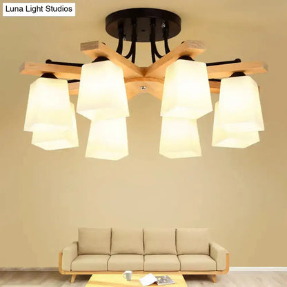 Modern wood and black semi flush mount chandelier with six milk glass shades for living room lighting