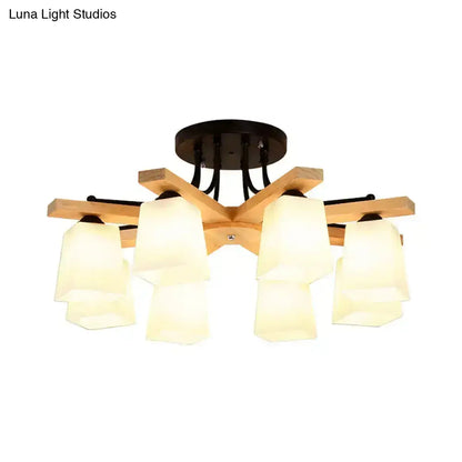 Modern wood and black semi flush mount chandelier with five milk glass shade frosted glass shades for living room lighting