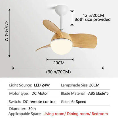 Modern ceiling fan light with three natural wood blades and white led chandelier housing for bedroom use