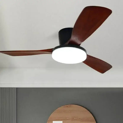 Modern wood ceiling fan light with three dark brown wooden blades and integrated black led ceiling fan light fixture