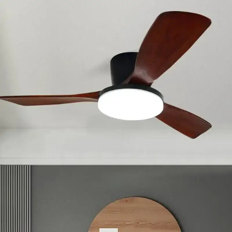 Modern wood ceiling fan light with three dark brown wooden blades and integrated black led ceiling fan light fixture