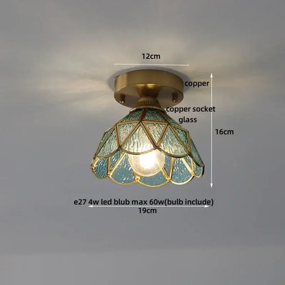 Modern wood & copper led ceiling light with copper base and teal geometric stained glass shade by decorbites cube wood copper