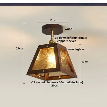 Modern wood and copper ceiling light with a warm-toned dark wood frame and textured glass decorbites cube wood design