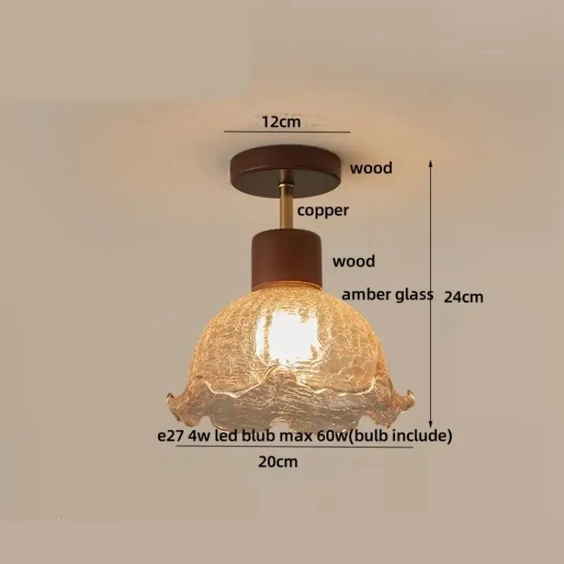 Warm amber glass ceiling light with wooden and copper fixture from decorbites cube wood copper for bedroom use