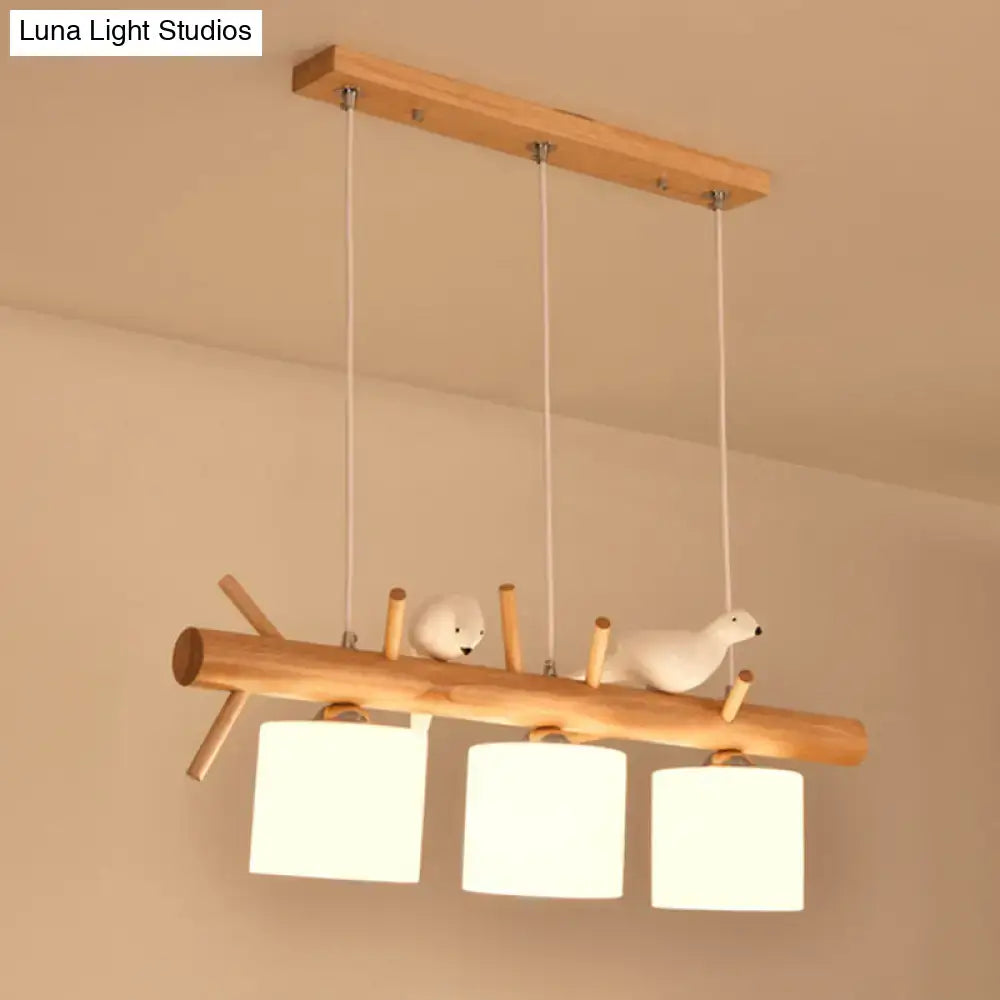Modern wood cylinder hanging pendant light with white glass shades and bird figurines for kitchen 220v-240v 110v-120v