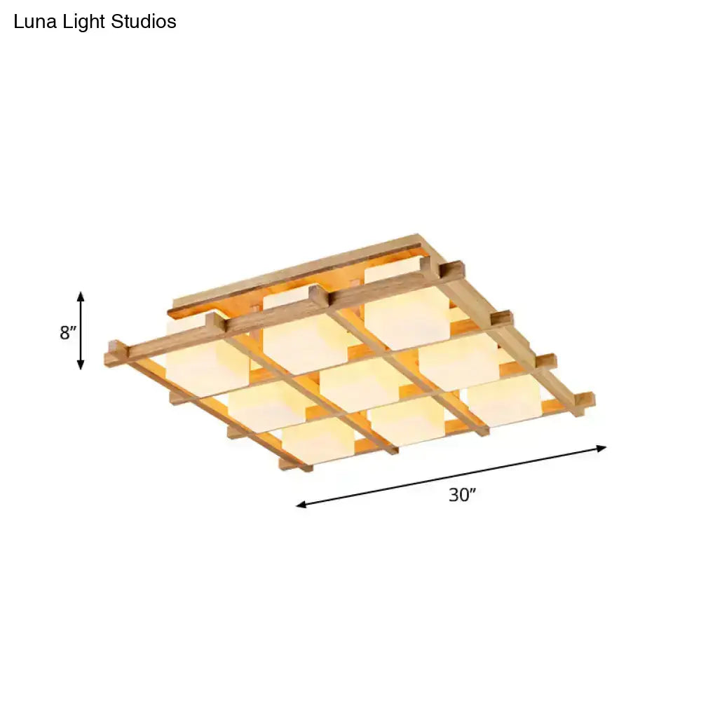 Modern wood grid semi flush mount ceiling light with nine warm diffused panels for living room use