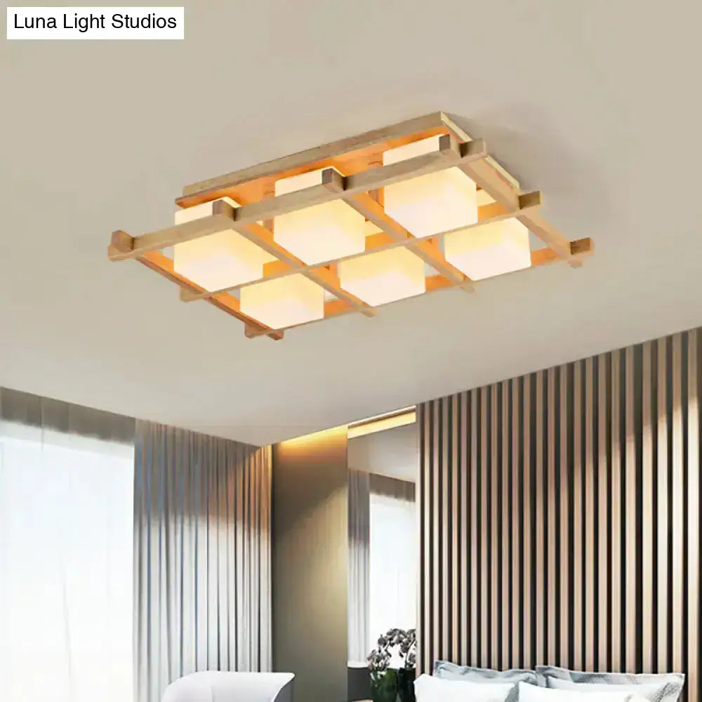 Rectangular modern wood grid semi flush mount ceiling light with natural wood frame and six warm glowing panels