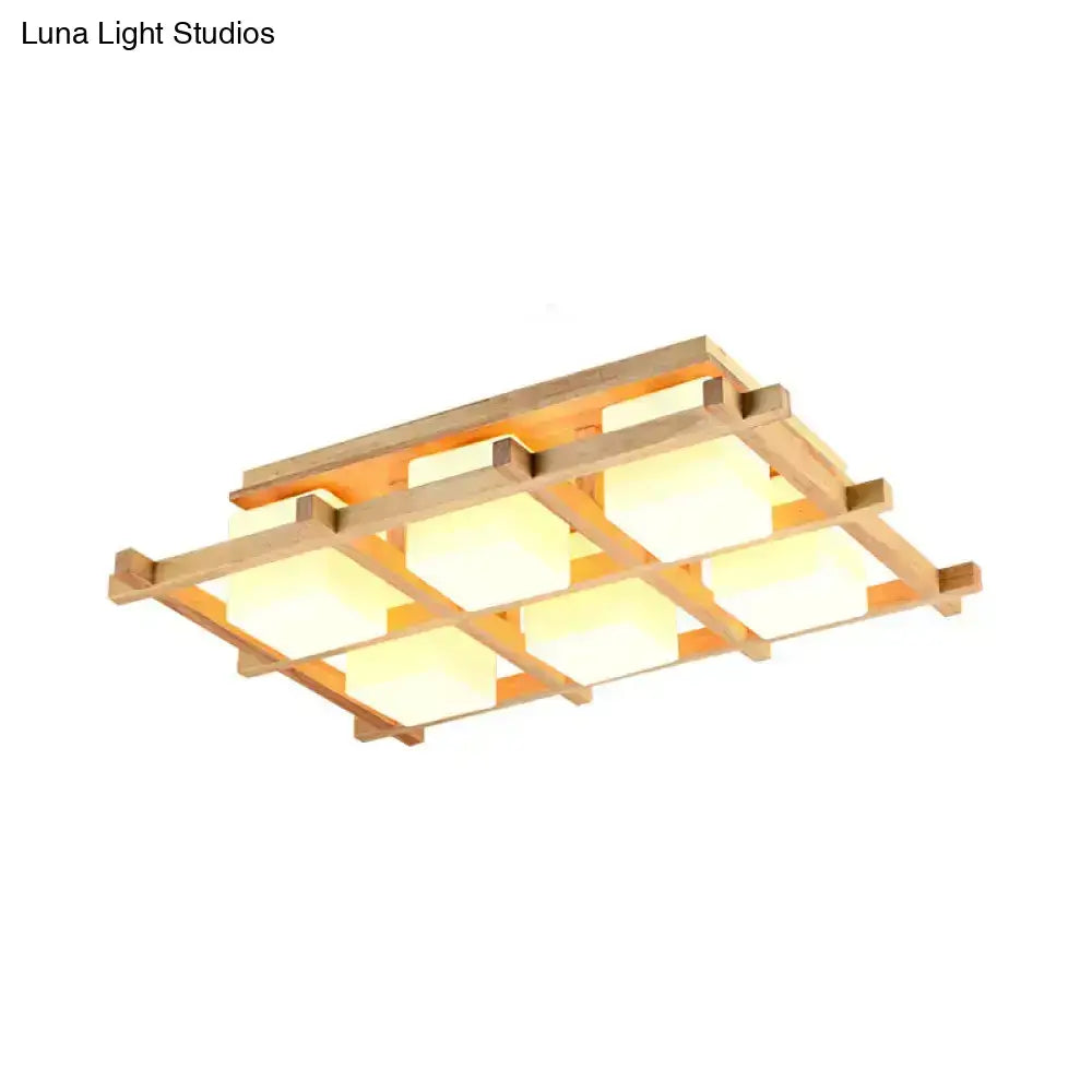 Modern wood grid semi flush mount ceiling light with warm wood frame and nine frosted glass panels for living room