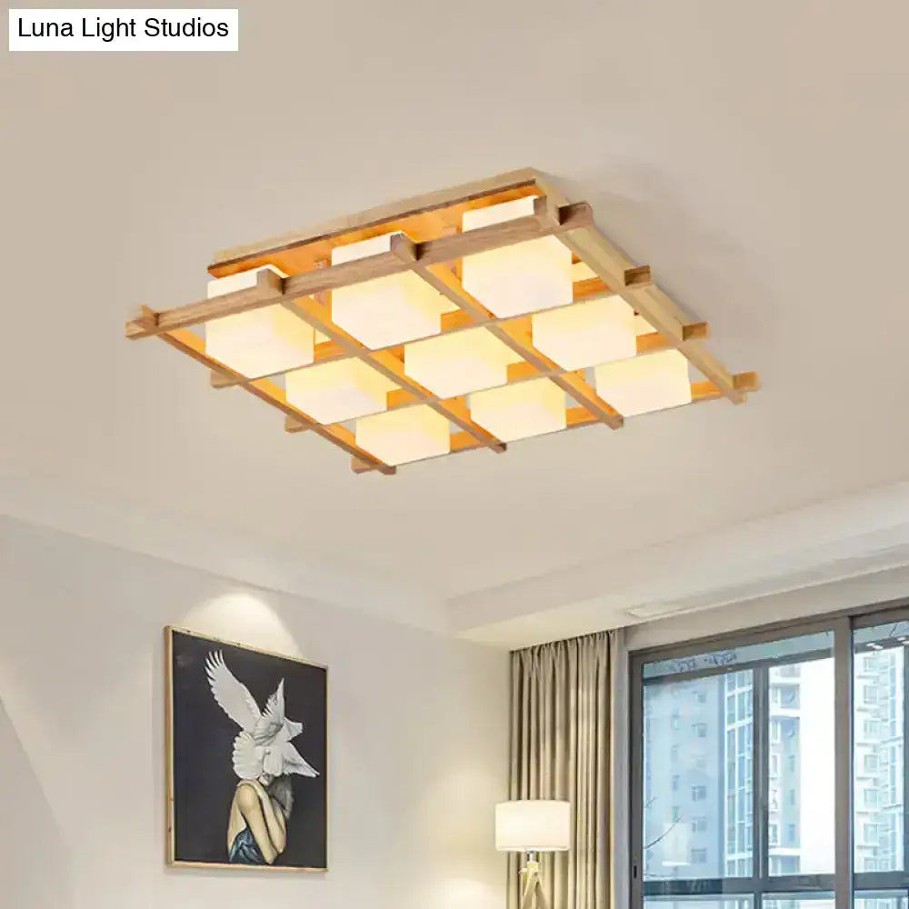 Rectangular modern wood grid semi flush mount ceiling light with natural wood frame and nine warm white glass panels